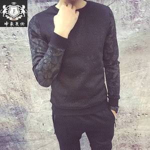 2019春新款潮流图腾雕花男装T恤韩版修身碎花图案男士圆领长袖T恤