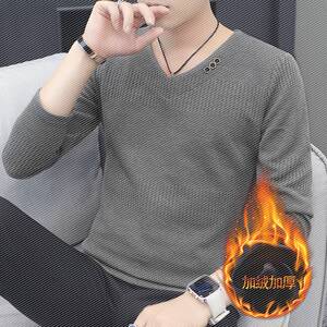 男士长袖T恤秋冬季韩版潮流加绒加厚保暖男装V领针织打底衫毛衣男
