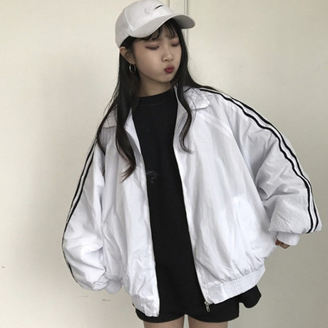 春秋女装韩版原宿风情侣宽松运动休闲短款外套薄款防晒衣条纹风衣商品大图