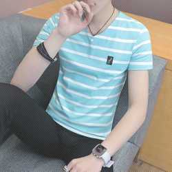 2019夏季新款男士短袖t恤半袖个性条纹韩版潮流男装修身丅上衣服