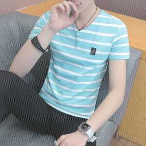 2019夏季新款男士短袖t恤半袖个性条纹韩版潮流男装修身丅上衣服