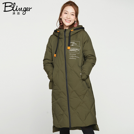 冰洁时尚连帽中长款羽绒服女过膝纯色连帽羽绒衣J70140050商品大图