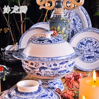 协龙腾景德镇餐具套装碗盘碟陶瓷仿古明宣德青花鱼藻纹 散件出售