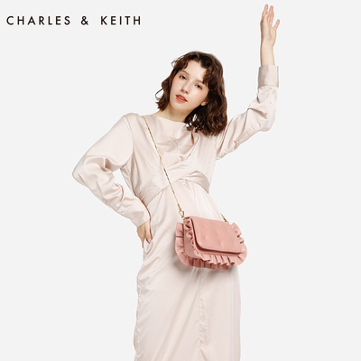 CHARLES&KEITH女包CK2-80670879褶皱荷叶边饰女士手拿单肩包