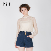 pit女装新款直筒通勤韩版蕾丝衫喇叭袖两件套雪纺衫套头长袖短款图片