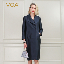 VOA银灰大翻领长袖斜插袋双排暗门襟中长款欧美风真丝风衣FA101图片