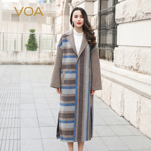 VOA新款时尚落肩横竖条纹撞色拼接长款宽松双面羊毛大衣SA8321图片