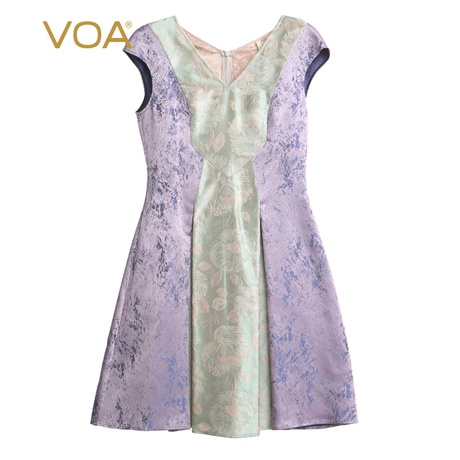 VOA40姆米香芋紫色织提花重磅真丝鸡心领撞料拼接包袖连衣裙孤品商品大图