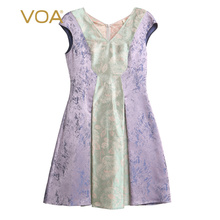 VOA40姆米香芋紫色织提花重磅真丝鸡心领撞料拼接包袖连衣裙孤品图片