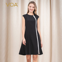 VOA36姆米真丝重磅墨黑圆领包肩短袖中腰撞色拼接鱼尾修身连衣裙图片