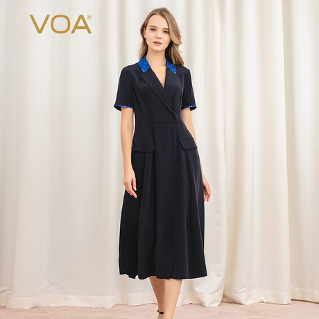 VOA40姆米真丝重磅戗驳领色织撞料拼接翻盖假袋开衩短袖连衣裙商品大图