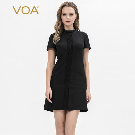 VOA36姆米重磅真丝半高领黑白撞色拱针塔克褶胸省修身通勤连衣裙商品大图