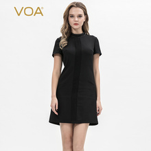 VOA36姆米重磅真丝半高领黑白撞色拱针塔克褶胸省修身通勤连衣裙图片