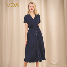 VOA33姆米双面针织真丝裹领牛筋腰收褶连袖单排扣糯软超弹连衣裙图片