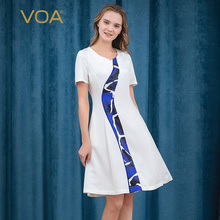 VOA36姆米真丝重磅不规则印花拼接桃心领插肩短袖微弹修身连衣裙图片