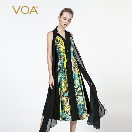 VOA树叶印花真丝重磅墨黑拼接立领单排扣活页飘带时尚优雅连衣裙商品大图