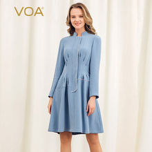 VOA新款重磅真丝欧版简约清新青色立体修身显瘦减龄中款连衣裙图片