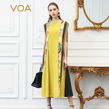 VOA36姆米流光黄重磅真丝印花无袖圆领中腰大摆连衣裙A151图片