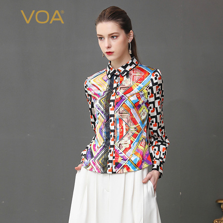 VOA19姆米撞色乔其拼接POLO领长袖单排扣复古气质简约真丝百搭商品大图