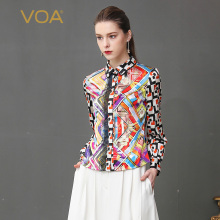 VOA19姆米撞色乔其拼接POLO领长袖单排扣复古气质简约真丝百搭图片