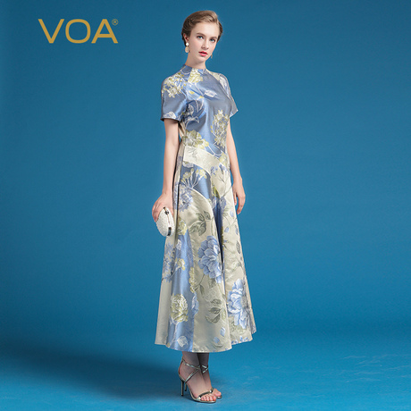 VOA北极银天空蓝撞料色织真丝弧形拼接爬领短袖礼服连衣裙A7575商品大图