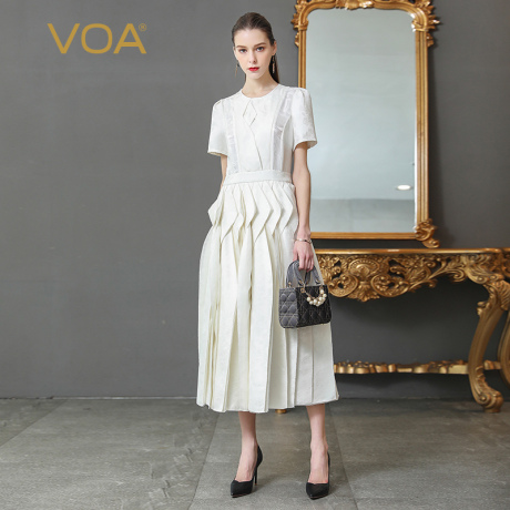 VOA纯白重磅提花真丝撞料连身裙圆领短袖几百片活页匠心打造A501商品大图
