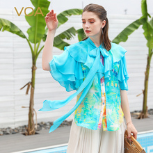 VOA蓝影真丝清爽短袖宽松2019夏装女新品原创设计系带T恤衫B588图片