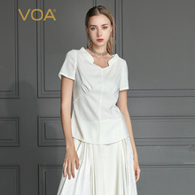 VOA2019新款真丝防晒纯色拼接丝绸短袖桑蚕丝常规袖T恤女B679图片