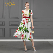 VOA100%重磅真丝连衣裙圆领短袖中腰系带春夏女连身裙子A921图片