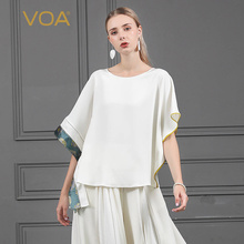 VOA36姆米重磅真丝上衣撞色拼接宽松舒适圆领短袖桑蚕丝T恤B622图片