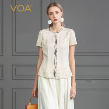 VOA2019新款真丝纯色拼接褶皱丝绸短袖桑蚕丝常规袖衬衫女B712图片