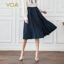 VOA40姆米藏青色中腰褶皱撞色拼接舒适百搭A版真丝半身裙C621图片