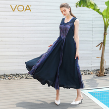 VOA藏青拼接提花重磅真丝方领无袖高腰韩版立体大摆连衣裙子A715图片