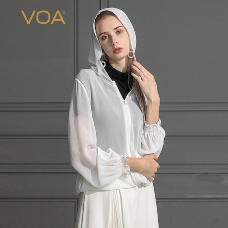 VOA2019新款真丝乔其纯色拉链连帽长袖轻薄丝绸小外套B659商品大图
