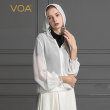 VOA2019新款真丝乔其纯色拉链连帽长袖轻薄丝绸小外套B659图片