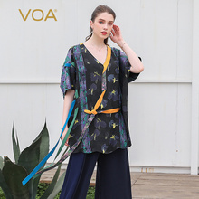 VOA2019新款花色真丝绑带拼接丝绸塔克褶桑蚕丝V领短袖T恤女B577图片