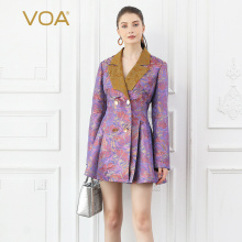 VOA色织提花重磅真丝蝴蝶手绘印花拼接翻驳领双排扣短款风衣F335图片