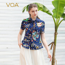 VOA 蓝底印染星空花园真丝双绉蝴蝶领结短袖暗襟修身喜庆衬衫B582图片