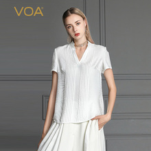 VOA2019新款真丝纯色拼接褶皱丝绸短袖桑蚕丝常规袖T恤女B681图片