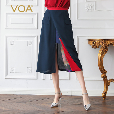 VOA2019新款真丝立体塔克褶拼接桑蚕丝中长款丝绸半身裙女C593商品大图