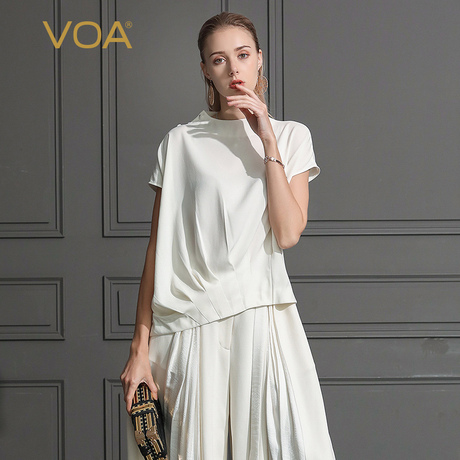 VOA2019新款真丝T恤不对称褶皱宽松舒适丝绸桑蚕丝上衣B636商品大图
