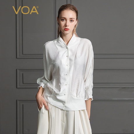 VOA2019新款真丝褶皱拼接丝绸立领七分喇叭袖桑蚕丝衬衫女B658商品大图