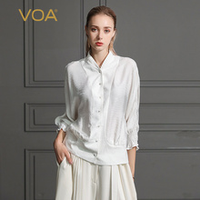 VOA2019新款真丝褶皱拼接丝绸立领七分喇叭袖桑蚕丝衬衫女B658图片
