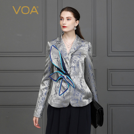 VOA真丝色织提花不对称美西装领手工拼贴蝴蝶结暗扣西装外套W327商品大图