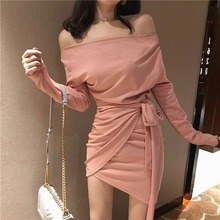 显瘦不规则绑带露肩连衣裙 时尚 2018新款 气质修身 网红抖音同款 秋装