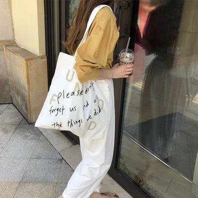 ins韩风手写英文字母百搭单肩帆布包购物袋学生书包女