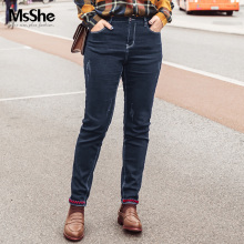 MsShe大码女装2018新款冬装胖mm素色抓痕弹力加长牛仔裤M1833129图片