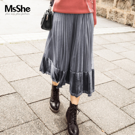 MsShe加大码女装2018新款冬装网纱压褶丝绒拼接半身长裙M1832101商品大图