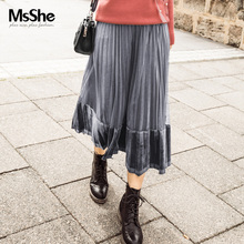 MsShe加大码女装2018新款冬装网纱压褶丝绒拼接半身长裙M1832101图片