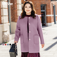 MsShe大码女装2018新款冬装胖mm圆领珍珠扣弹力毛呢外套M1843168图片